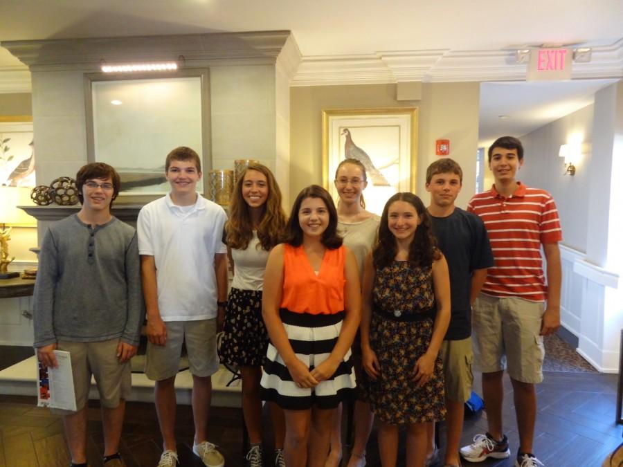 (from left to right) Terence  Dunphy, sophomore, Andrew Benington, freshman, Ellie Guido, sophomore, Julia Coyner, sophomore, Khloe Pastore, sophomore, Charlie Johns, freshman, and Nick Alex, junior, are all in performance club. 