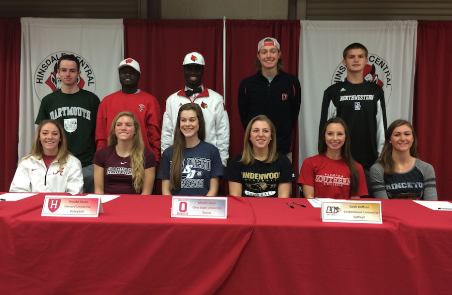 Senior athletes signed to their respective colleges.
Back Row (From left): Eddie Grabill, Lope Adelakun, Chris Botsoe, Martin Joyce, and Michael Lorenzini.
Front Row (From left): Margie McCarthy, Brooke Istvan, Lauren Fuller, Faith Koffron, Annemarie Tracey, and Gabrielle Rush.