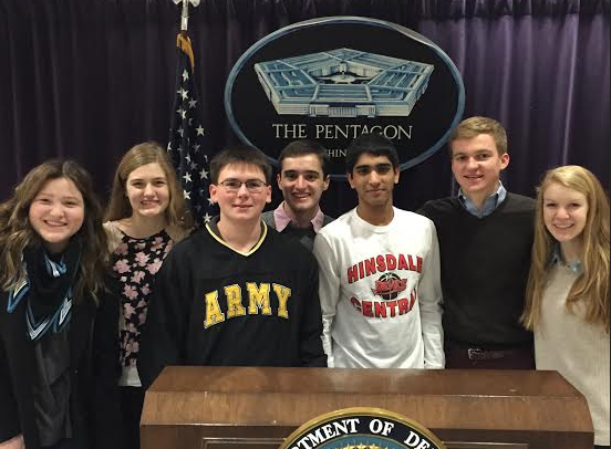 Selected students from Breaking Down the Walls visit the Pentagon. 
From left Sophie Pecilunas, Megan Arbor, Sean O'Donnell, Jake Hyland, Naman Patel, Eamon McMahon, and Caroline Morris.