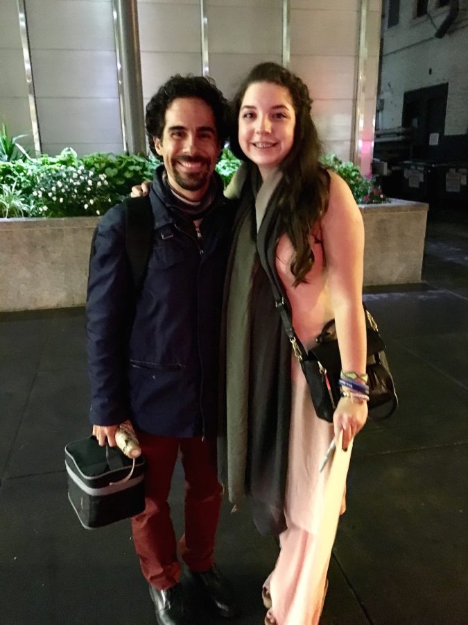 Kate Jacobs, sophomore, poses with Alex Lacamoire, the music supervisor, orchestrator, and co-arranger of Hamilton in downtown Chicago.