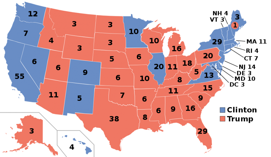 The electoral college map from the 2016 election.