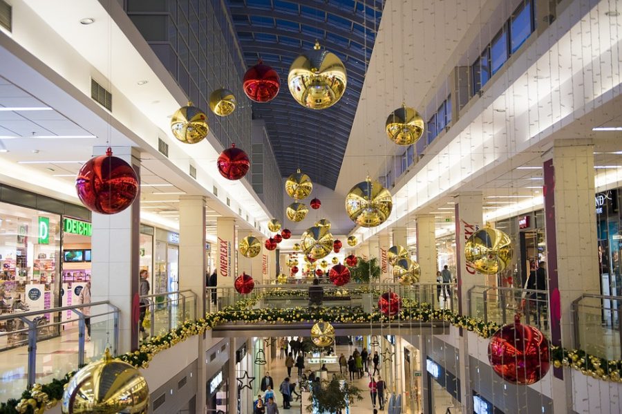 Stores prepare for the holidays with festive decor and displays.