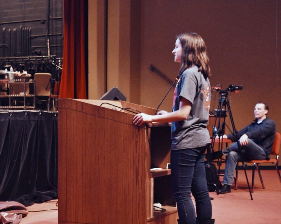 At the Jan. 23 board meeting, Parker Frankiewicz, drum major and junior, gives a speech on how music has had an impact on her life and how the extra study hall has helped with future planning. 
