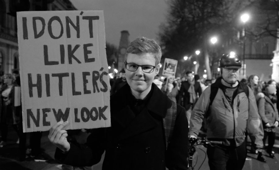 A protester in London displays his thoughts about the executive order on Jan. 30. Many have called the order a very mild version of the discrimination Jews experienced under the Nazis during World War II.