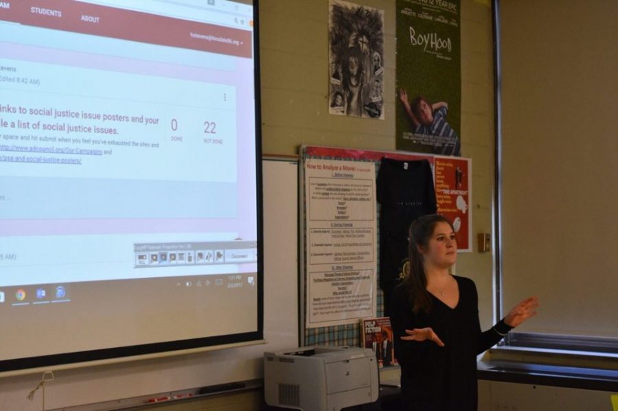 Miss Stevens discusses social justice issues with her ninth period Rhetoric class, which is one of two subjects she teaches every day. 