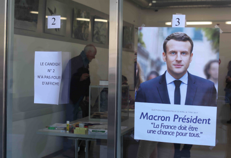 A voting station for French citizens in Switzerland showcased the different candidates, featuring Emmanuel Macron prominently.
