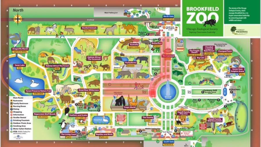 The bands parade route for the Boo! at the Zoo event can be seen shaded in red, starting at the Discovery Center,  passing the fountain, and ending at the West mall.