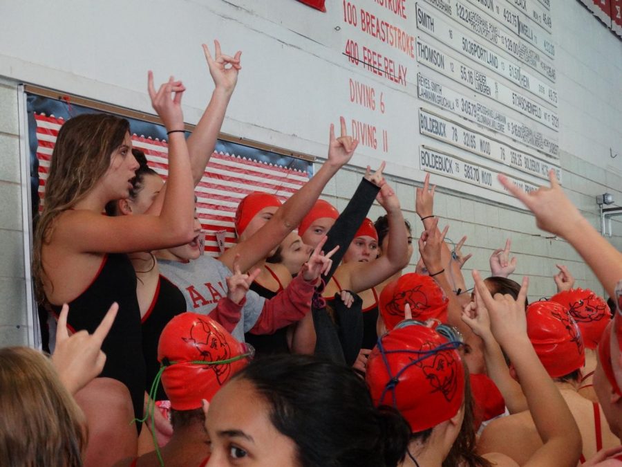 The seniors lead the rest of the girls swim and dive team in team cheers during every meet.