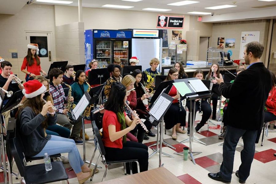 Extra-curricular musical ensembles such as Holiday Winds perform festive tunes for their peers and parents at Jingle bell Java, and often dress up in holiday colors and Santa-Hats.