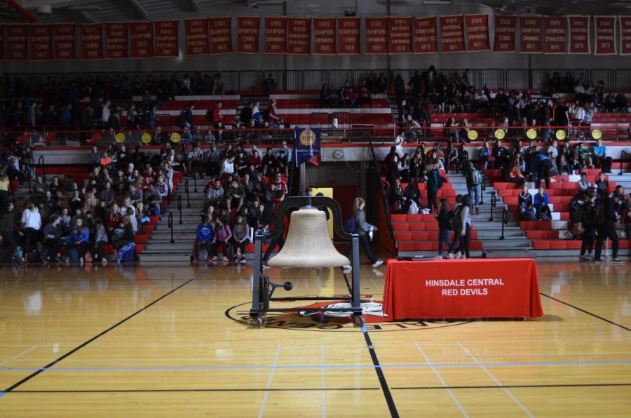The schools new victory bell was fully on display for the Fall Recognition Ceremony in the gym, but it will later be moved to its own platform outside.