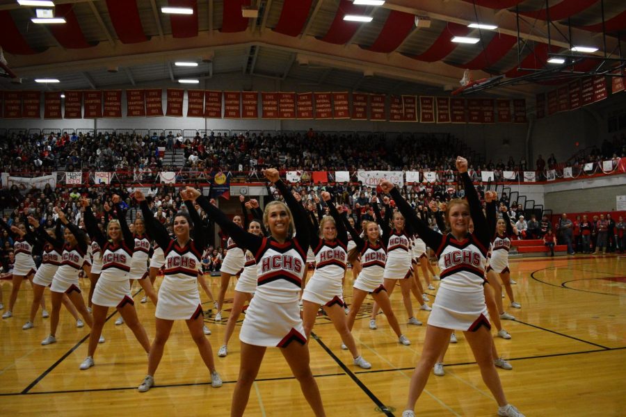 The assembly ended with a routine performed by the varsity cheerleaders.