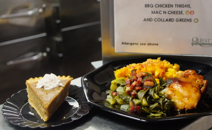In the student cafeteria, the soul food meal consisted of barbecue chicken thighs, macaroni and cheese topped with bread crumbs, and collard greens with bacon. The meal was also served with vegetable soup and a side of pumpkin pie for dessert. 