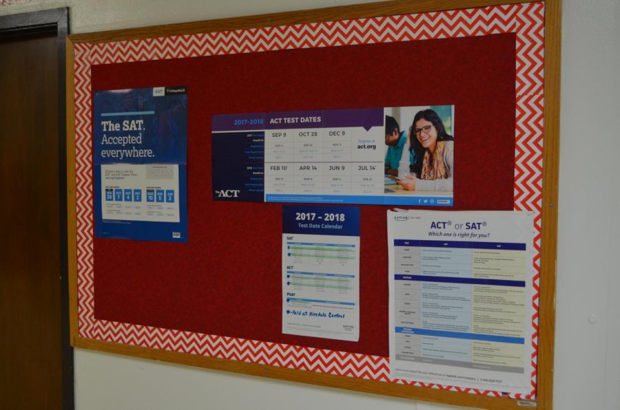 Posters outside of the Guidance Office help students by giving the dates to upcoming SAT testing days and showing the difference between the SAT and ACT.