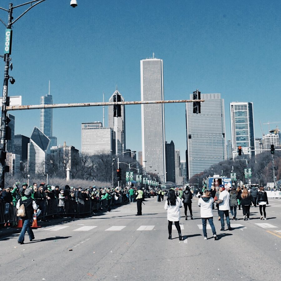 The annual St. Patricks Day parade takes place on Columbus Drive between Balbo Drive in Grant Park in the South Loop and Randolph Street on the New East Side by Maggie Daley Park.