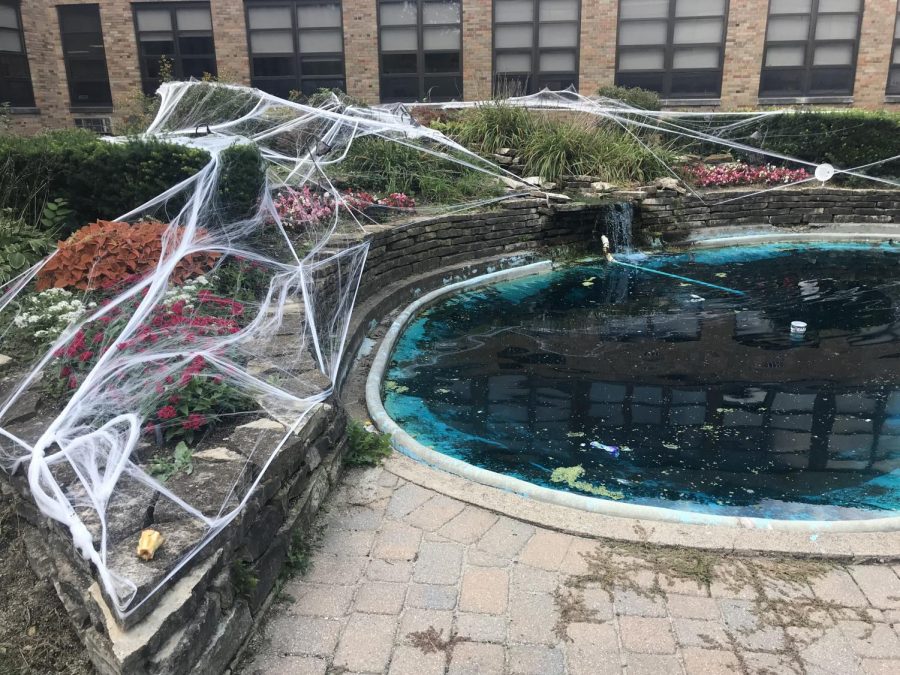 With the superhero homecoming theme this year, students decorated 
around the school. In the courtyard the bushes around the pond are covered in spiderwebs in tribute to Spider-Man.