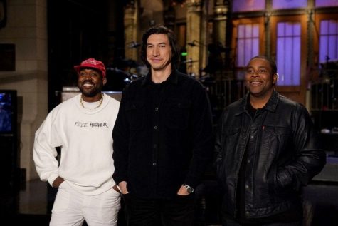 Kanye West wears a MAGA hat for a SNL promo alongside host Adam Driver and cast member Kenan Thompson.