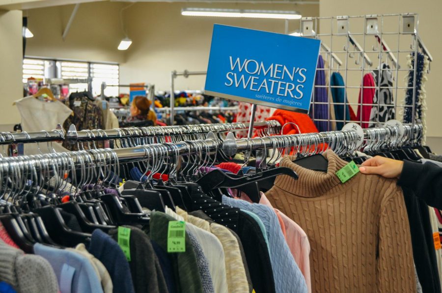 Goodwill, pictured above, has a location in Hinsdale with racks full of sweaters and long sleeve tops that are perfect for the colder weather. 