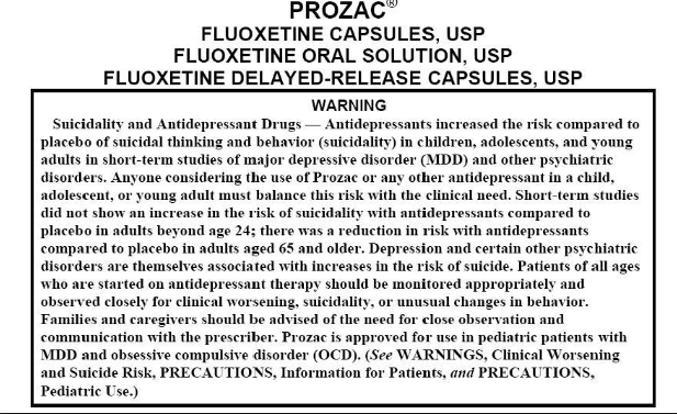 Prescription drugs such as Prozac, an antidepressant, come with black box labels from the Food and Drug Administration. These black box labels come with drugs with serious hazardous effects.