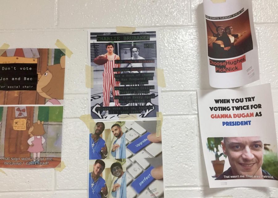 Many+students+have+been+campaigning+for+the+election+on+Tuesday%2C+March+19+by+hanging+humorous+posters+around+the+school.