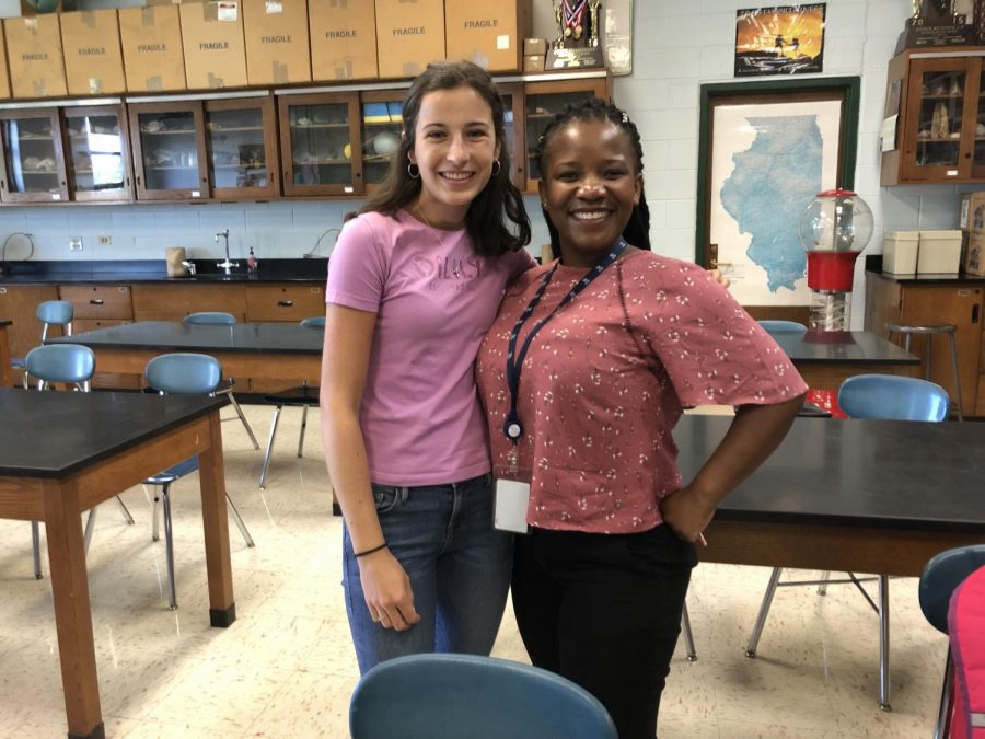 Teacher Zano Dlamini with the student that she was shadowing, LEAP Club co-president Olivia Ostrowski pose after second period earth science Wednesday.
