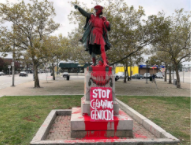 In Rhode Island and San Francisco, people vandalized statues of Columbus to protest the holiday. On the statue is written “genocide.”

