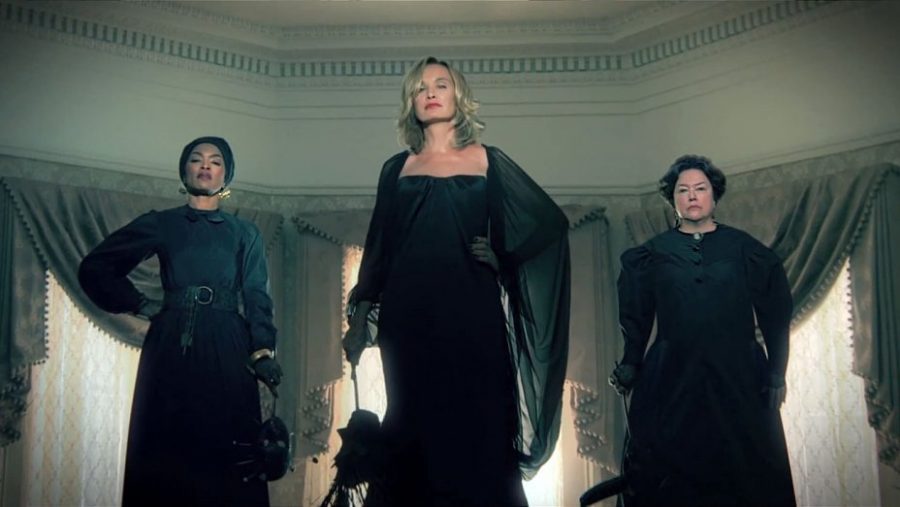 Actors Angela Bassett, Jessica Lange, and Kathy Bates as their characters Marie Laveau, Fiona Goode, and Delphine LaLaurie in Coven.
