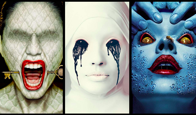 These promotional images were used for Hotel, Asylum, and Cult, respectively.