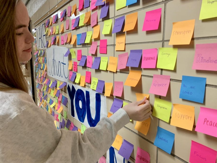 Rachel Thompson, senior, along with the other BDTW board members, set up two Take What You Need walls around school, encouraging students and faculty to take down a post-it note with the positive attribute they needed more of written on it.