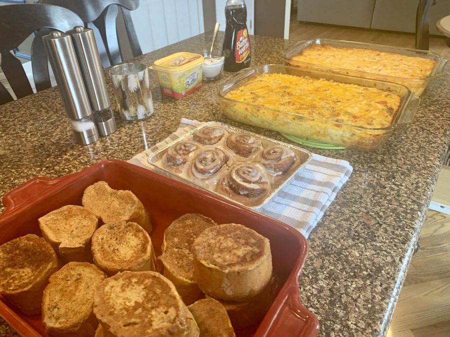 You can celebrate Easter by making brunch. This includes items like bacon, French toast, cinnamon rolls, egg casserole, cheesy potatoes, and more.