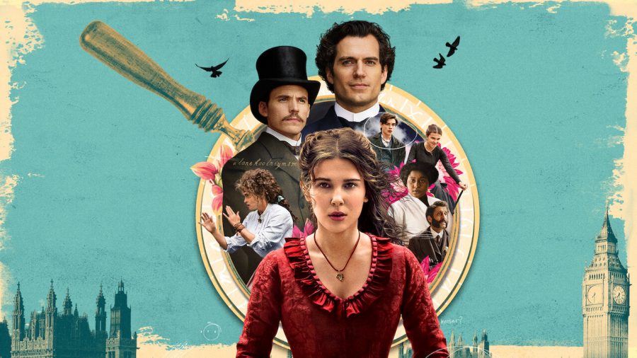 The poster of the film features Millie Bobby Brown’s Enola Holmes leading the supporting cast of Henry Cavill’s Sherlock Holmes and Louis Partridge’s Lord Tewkesbury in front of the setting of past England.