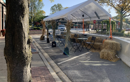 Since March, Clarendon Hills (above) has provided options for outdoor eating in response to the global pandemic.