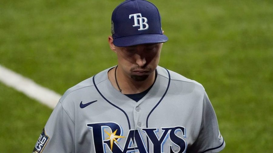 During the 6th inning Blake Snell unhappily walks off the field