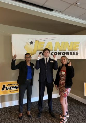 Assistant Regional Director Stephanie Trussell (left), junior Olivia Zelenka (right), and Ethan Austermann (center) supported the Jeanne Ives campaign by assisting donors at the computer. 