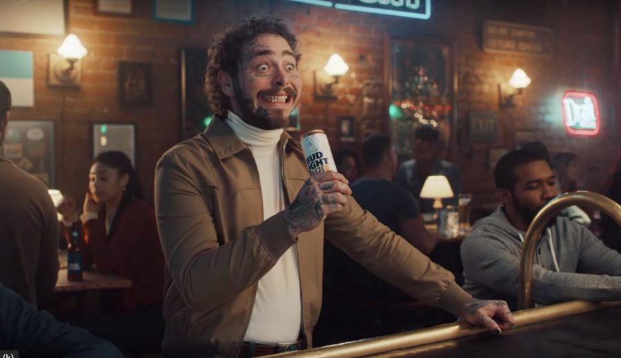 Rapper Post Malone appears in a commercial for Bud Light Seltzer that aired at the 2021 Super Bowl.