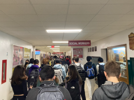 Students in hallway during passing period at Hinsdale Central High School.