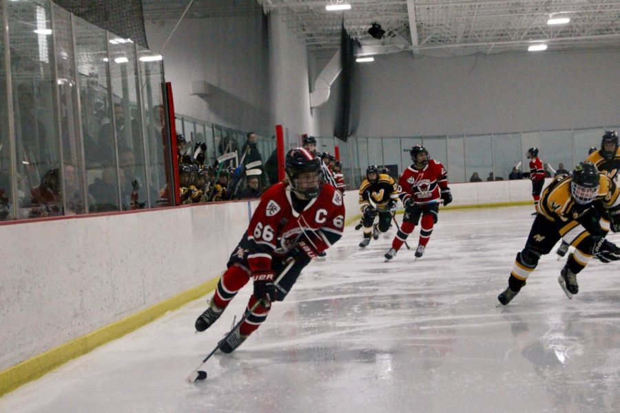Zach+Devine+carries+the+puck+into+the+Waubonsie+zone.+He+would+score+two+goals+in+the+game.