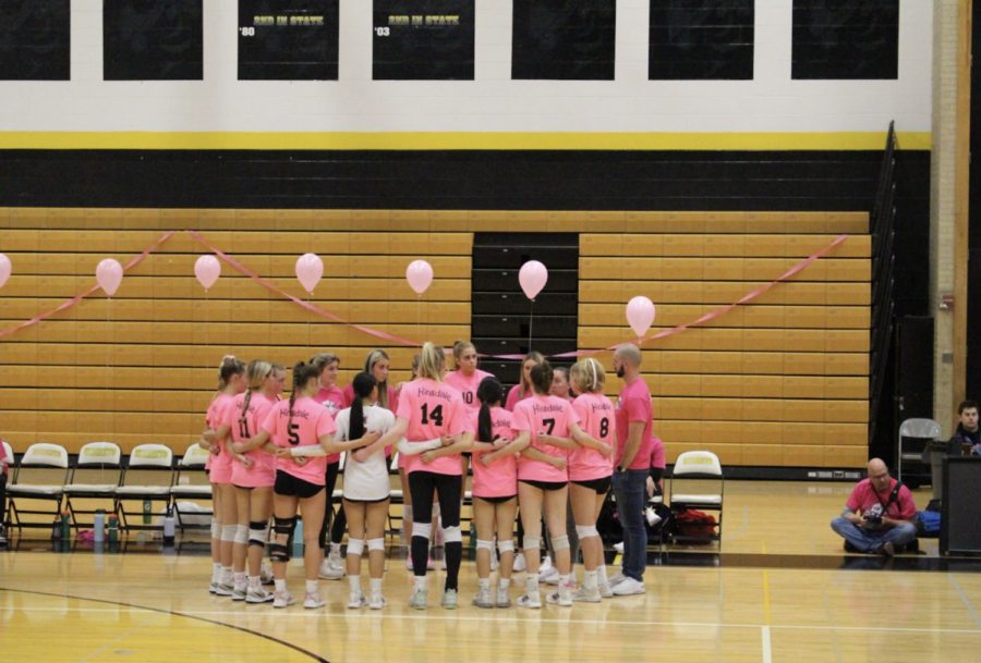 The+team+wore+pink+in+honor+of+breast+cancer+awareness+month+during+its+Volley+for+the+Cure+game+against+Hinsdale+Souths+Hornets+on+Oct.+19.+