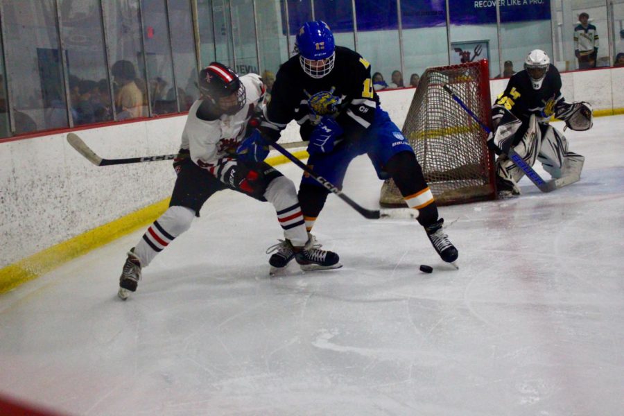 Senior Pete Cook battles with LT defenseman Jack Leach. Cook finished the game with one goal and two assists.
