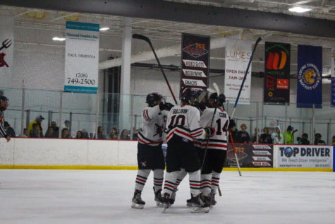 Red Devil players celebrate one of their eight goals scored at their game on Nov. 14. Central came out victorious against Lyons Township, marking their 11th win of the season. 