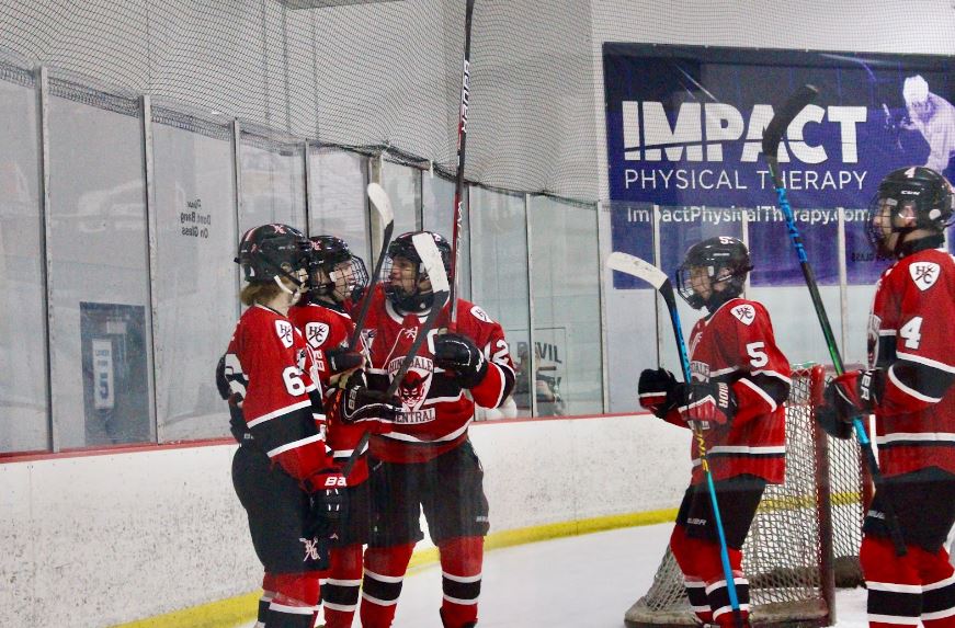 The+Devils+celebrate+a+goal+by+Sebastian+Dufort+against+Waubonsie+on+Jan.+16.+They+would+win+the+game+5-4.