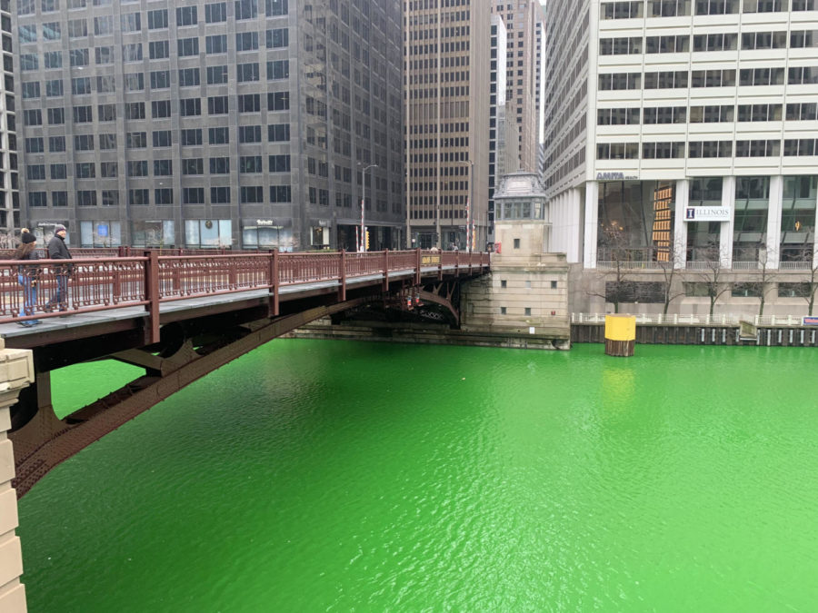 The Chicago River was dyed green at 10 a.m. on March 11. The bright green river is an annual occurrence for the city of Chicago during the time of St. Patricks Day.  