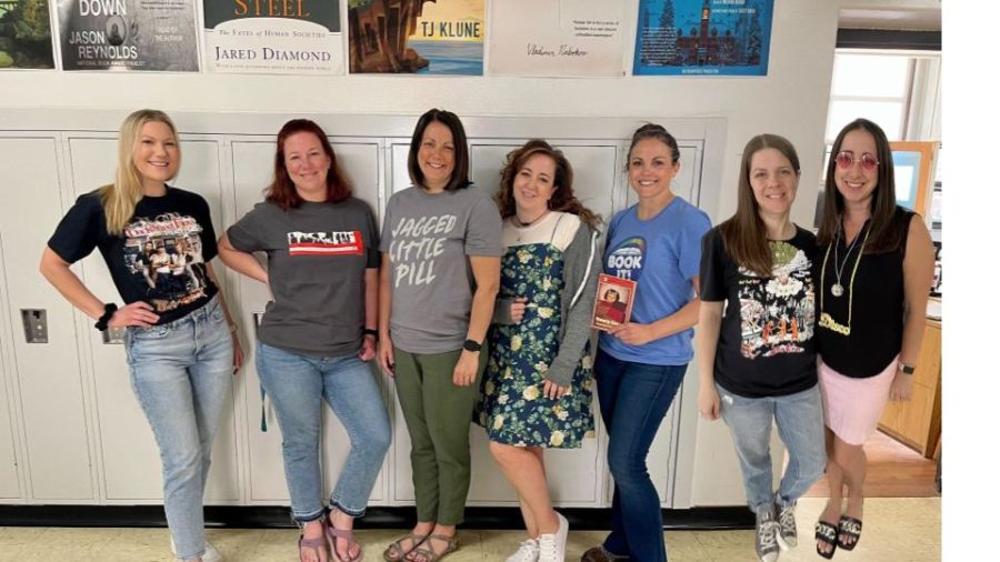 English teachers Lesley Stock, Kate Saunders, Jill Tylk, Erin Lundin, Marinne Leonard, Sarah Scholz and Kim Williams pose for one of the dress days during staff appreciation week May 8-12. 