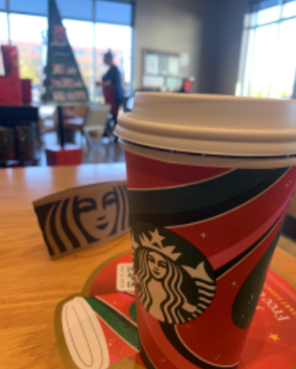 At a local Starbucks on Nov. 12, a Peppermint Mocha in a festive cup was drunk by a student. The student is excited for the new winter flavors from Starbucks holiday menu.