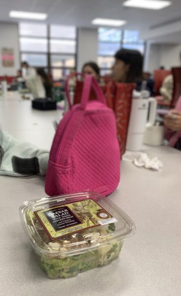 While many students buy food in the Hinsdale Central cafeteria, a popular option is also bringing a lunch from home. Sonia Gupta, junior, brought a salad from home to avoid hunger in her sixth period lunch on Nov. 20 at 12.30 p.m. 