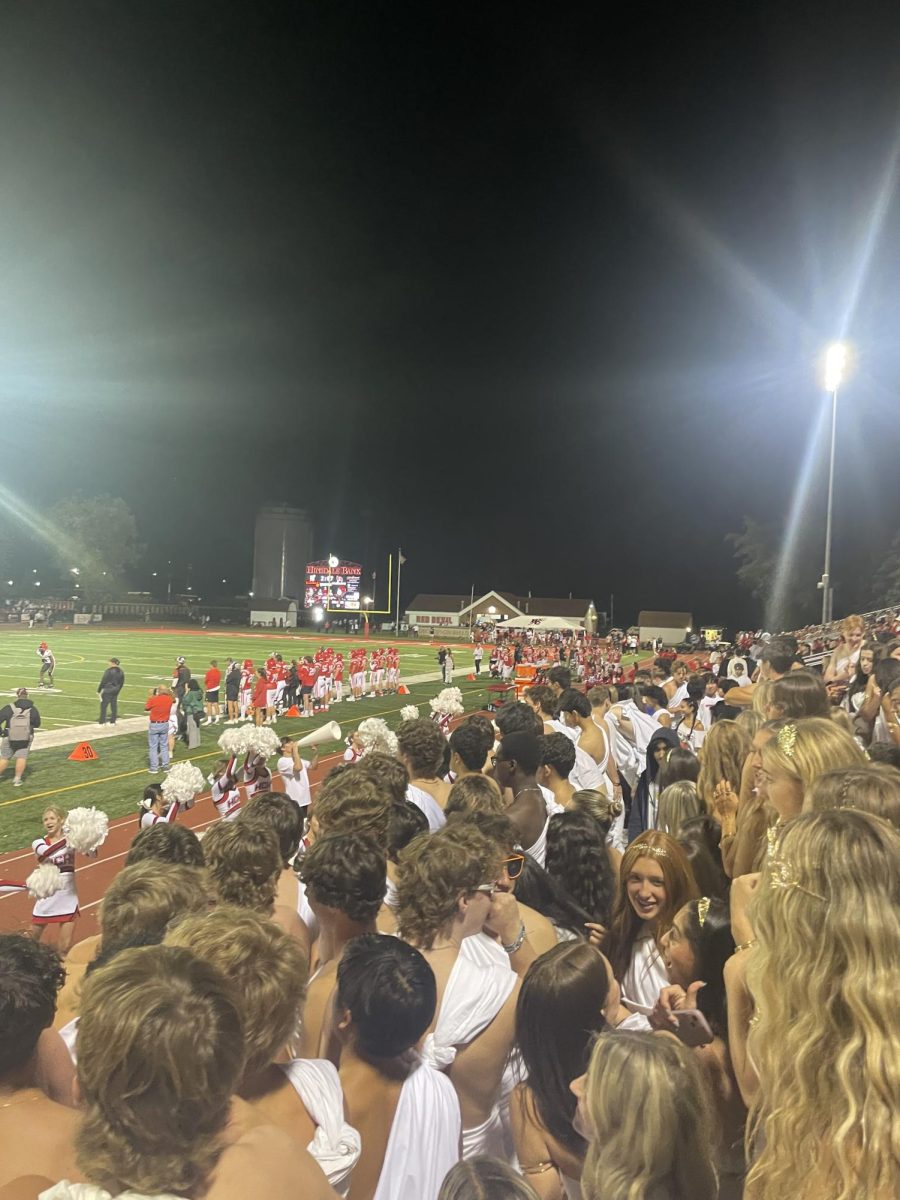 Seniors wearing their togas at the football game between Hinsdale Central and Bolingbrook on Friday.