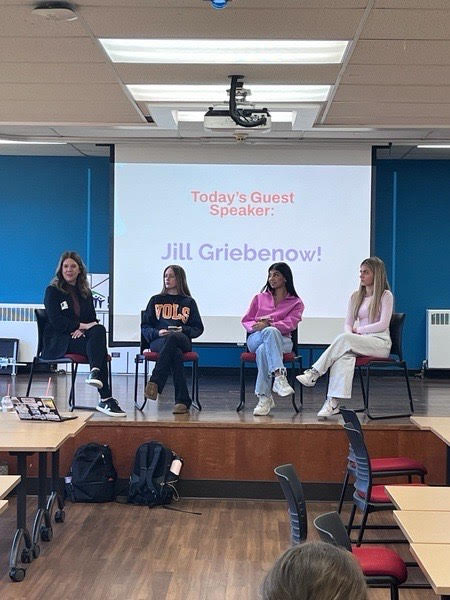 A guest speaker, Jill Griebenow, from the community speaks to the Women in Business Club. From left to right:  Jill Griebenow, Addison Griebenow, Shahnoor Shafi, and Mia Herman
