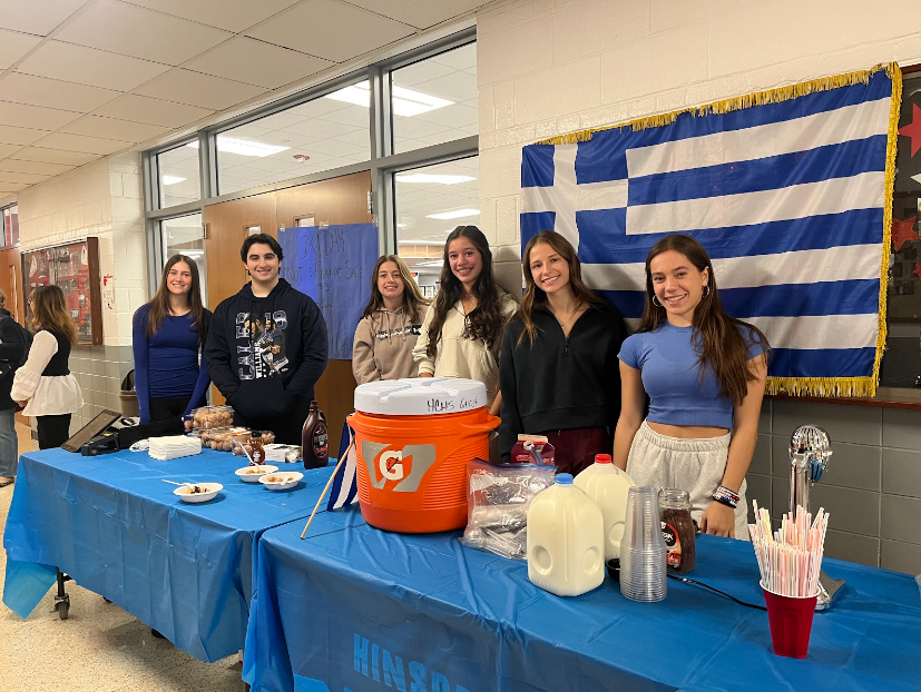 The Greek Club made frappes and sold donuts to everyone outside of the cafeteria. From left to right: Elena Stavros, senior, Georgio Fotos, senior, Madeline Kubesh, junior, Nicoletta Andrews, freshman, Nikoleta Zervas, junior and Stefani Andrews, senior.
