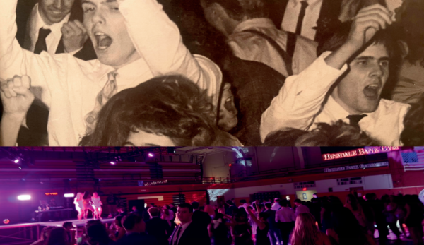 A split photo with a photo of school dance at Hinsdale Central from 1989 compared to a photo of Homecoming in 2025.