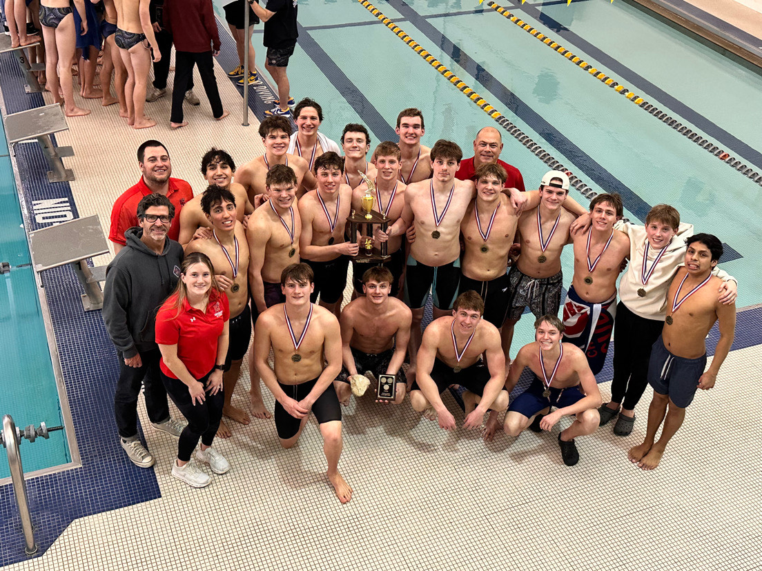 The swim team at Neuqua Valley High School in Naperville following a duel meet win on December 30, 2025.