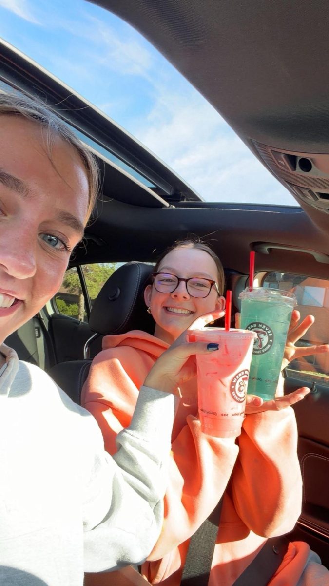 Sarah Pelinkovic and Izzy Tornabene at 7 Brew in Naperville, Ill. with their fun drinks on April 12. 